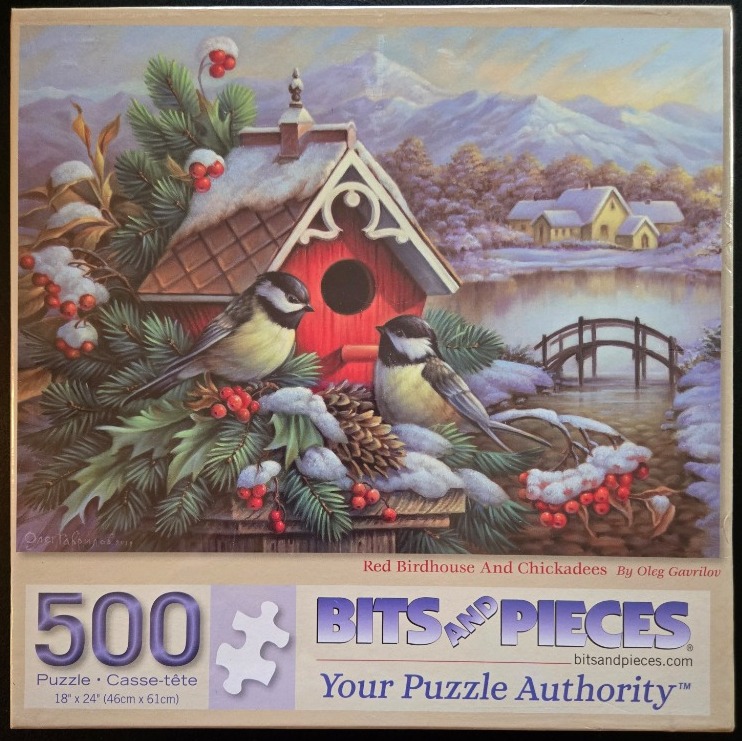 Painting of two chickadees on a snowy red birdhouse near a lake and mountain range.