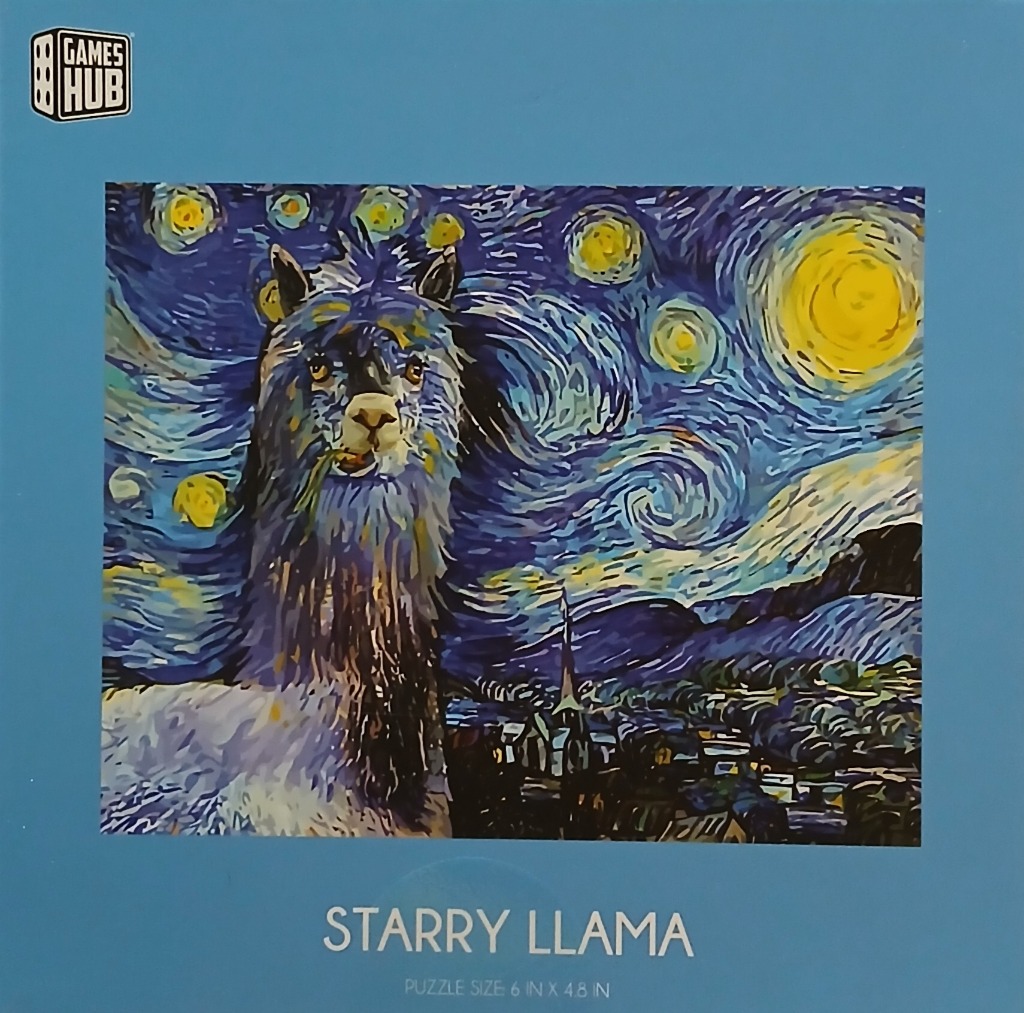 A llama superimposed over a stylized Starry Night background with swirling blue clouds and bright yellow stars.