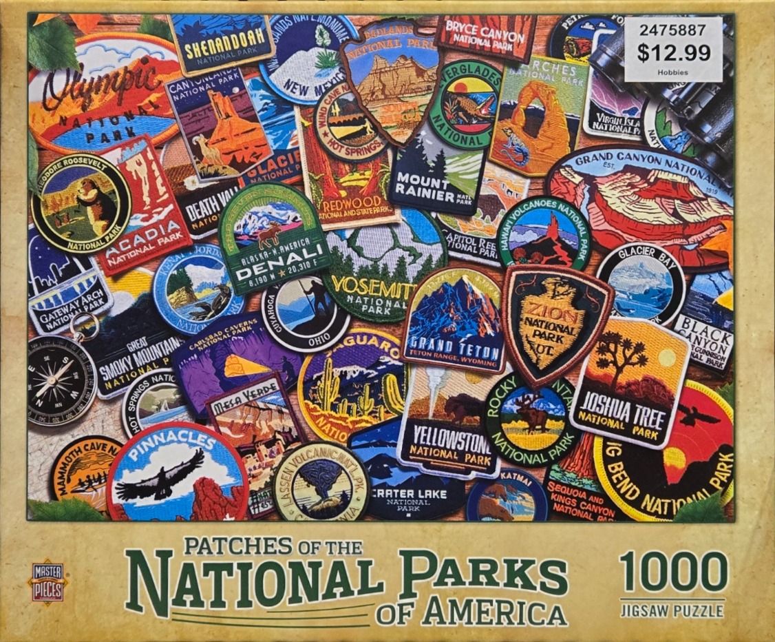 A collage of various colorful embroidered patches representing different American National Parks.