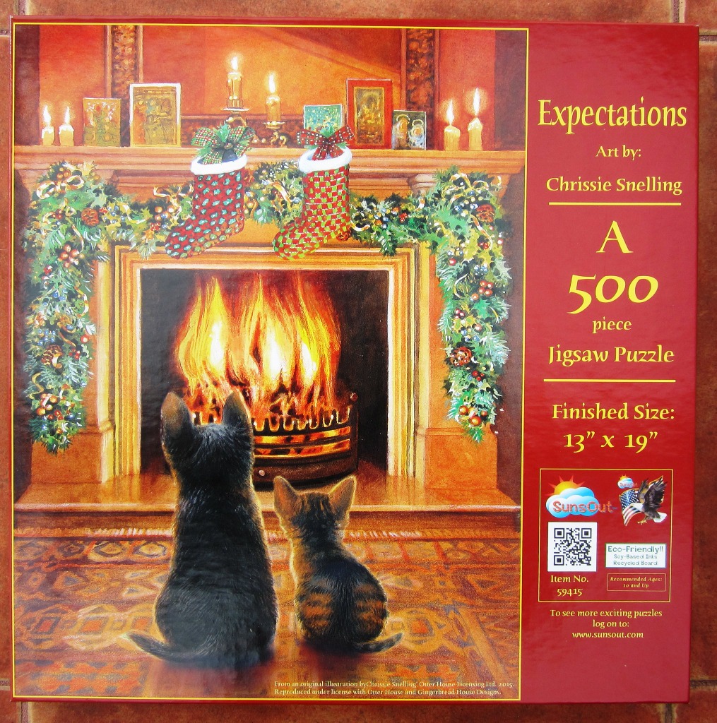 Illustration of a puppy and a kitten sitting in front of a warm fireplace decorated for Christmas.