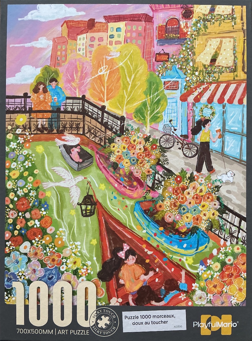 Whimsical painting of a sunlit European canal scene with boats, flowers, and people enjoying a peaceful day.