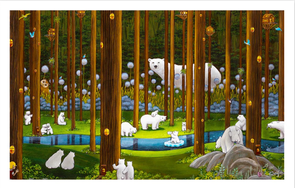 Whimsical illustration of numerous polar bears living in a tall, golden-brown forest with treehouses.