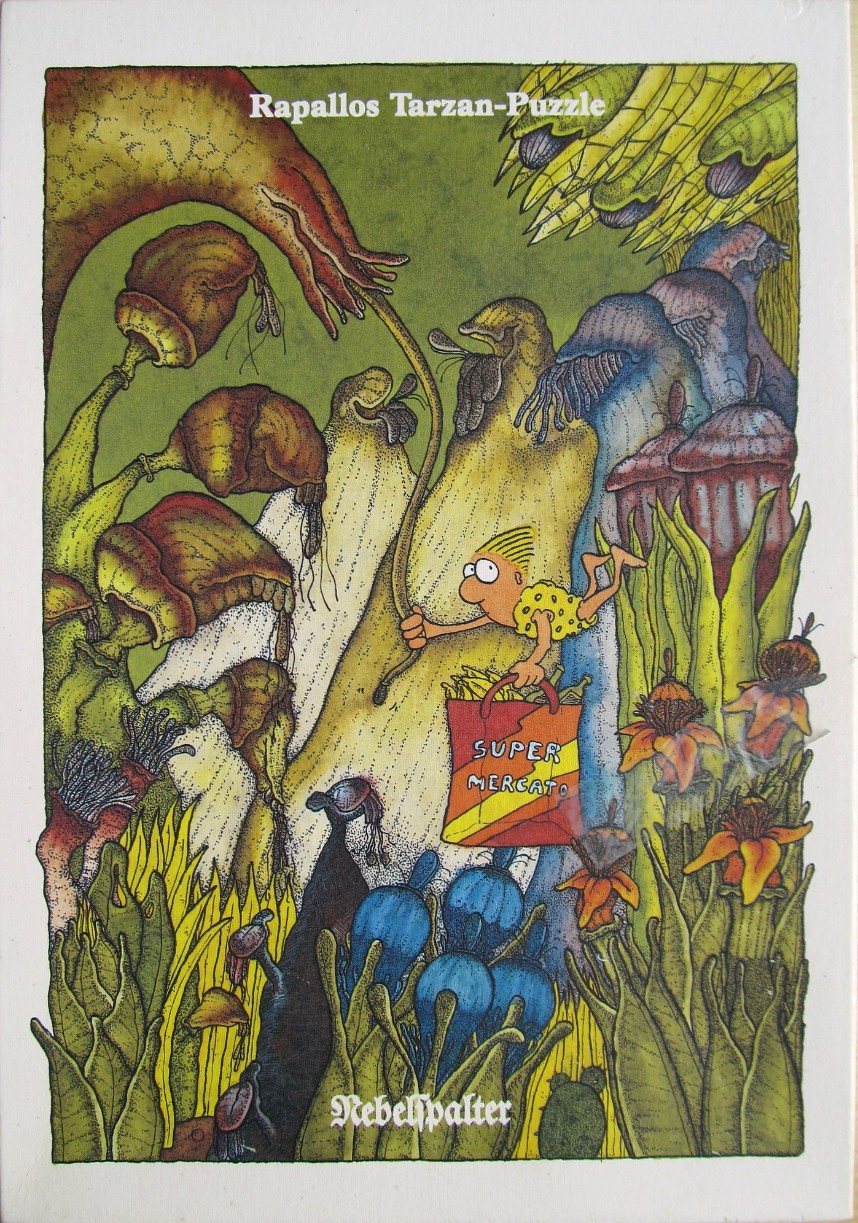Cartoon illustration of a primitive character carrying a supermarket bag through a surreal, fungal jungle.