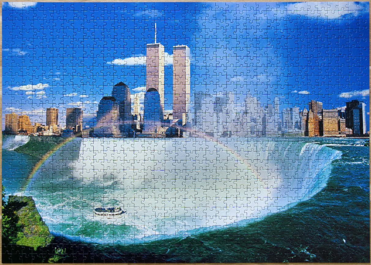 A surreal composite image featuring the New York City skyline with the Twin Towers rising above Niagara Falls.