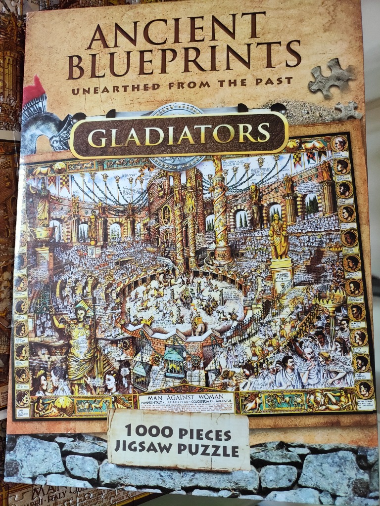 A highly detailed illustration of a Roman colosseum scene featuring gladiators, spectators, and historical figures.