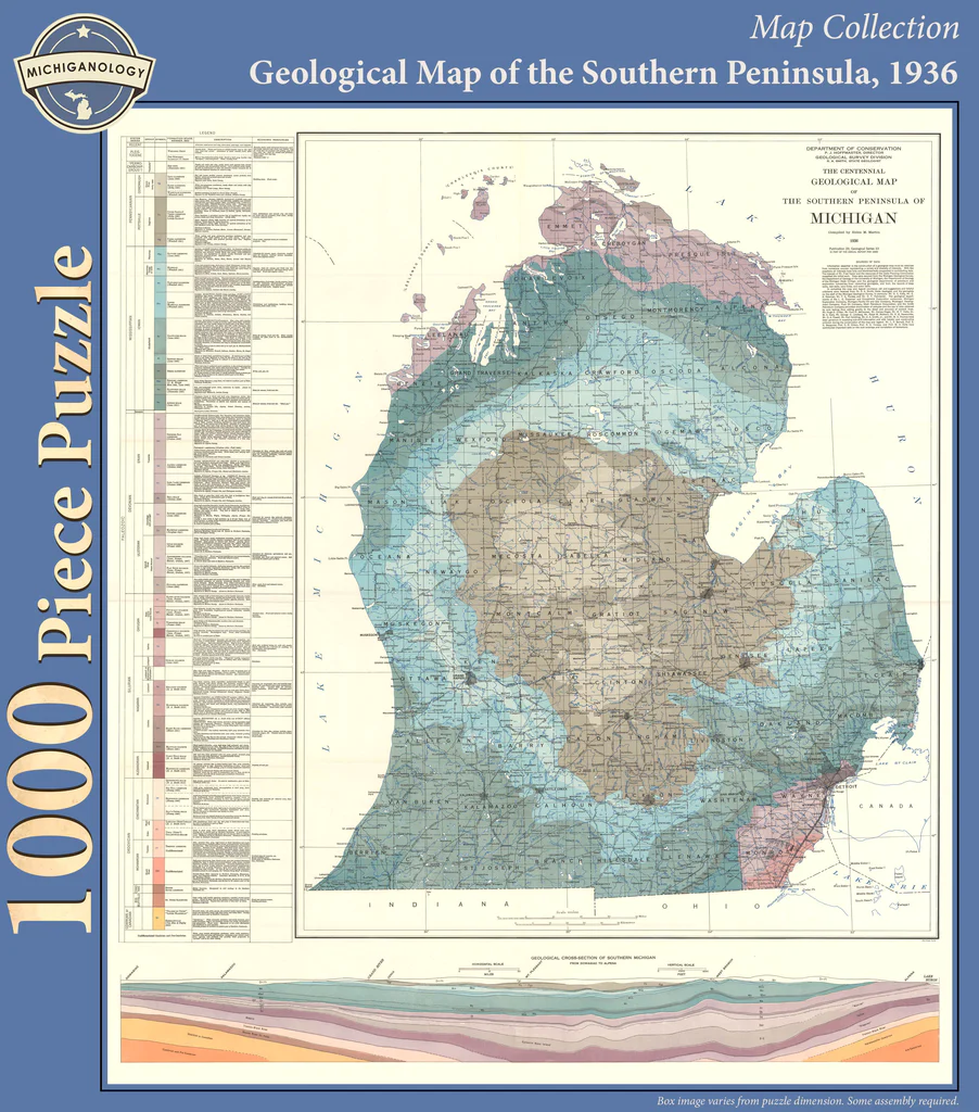 A 1936 geological map of Michigan's Southern Peninsula featuring color-coded rock formations and a geological cross-section.