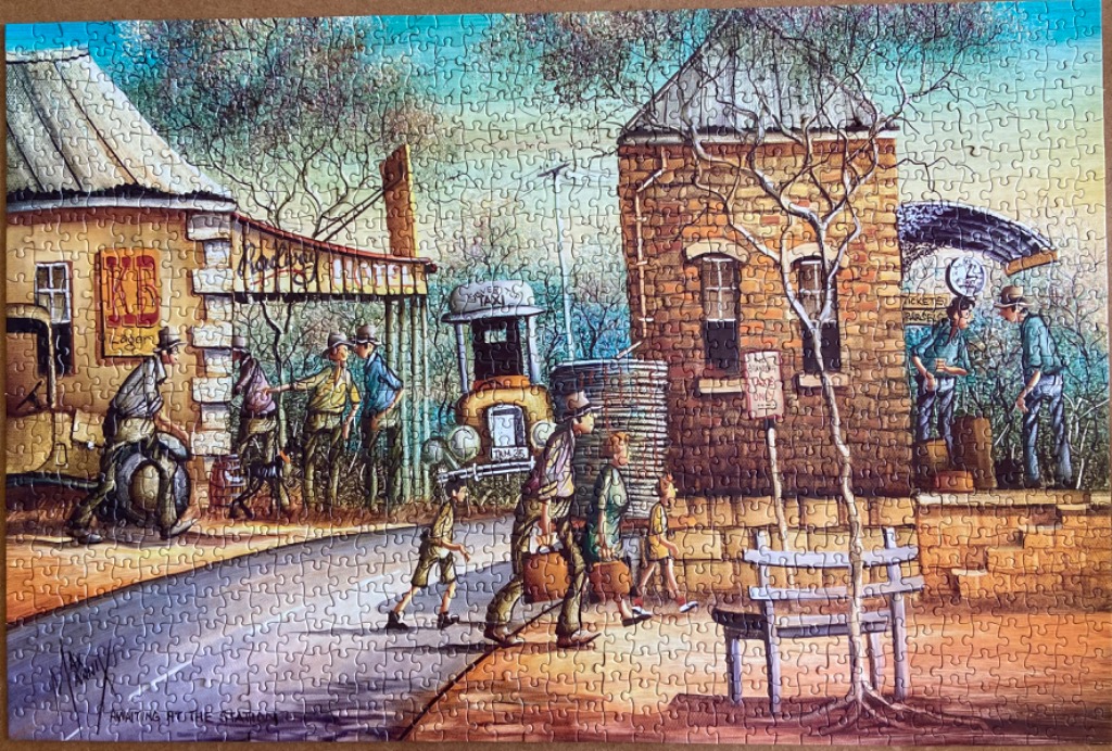 A nostalgic painting of a bustling 1940s-style Australian country railway station with people and a vintage taxi.