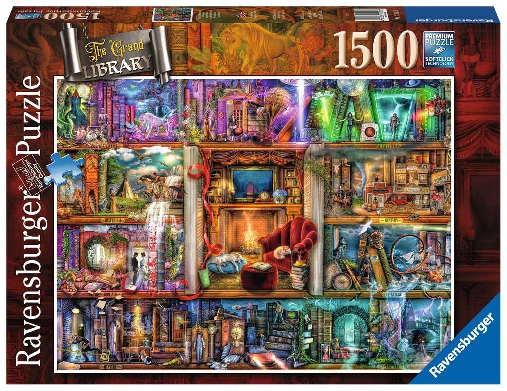 A whimsical fantasy library divided into genre-themed shelves including fantasy, sci-fi, history, western, romance, and myste