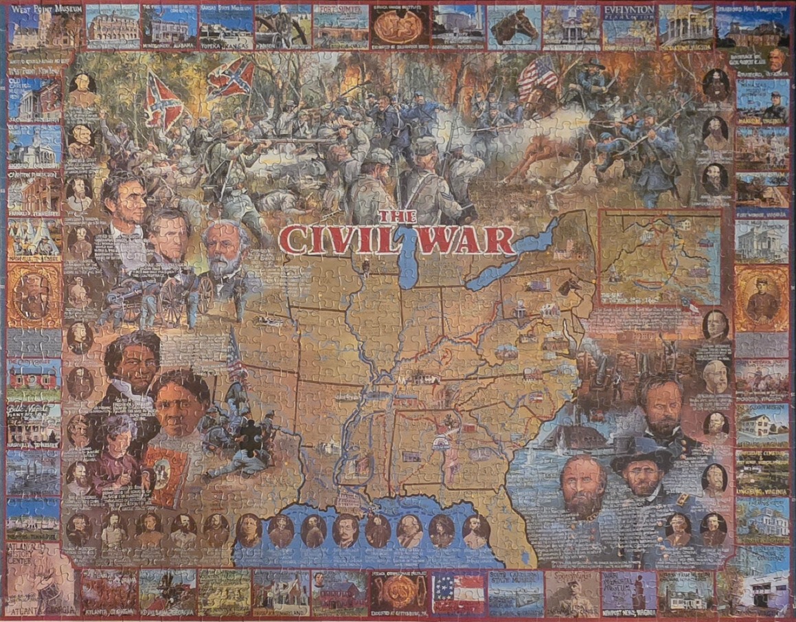A historical collage illustration depicting the American Civil War featuring maps, portraits, and battlefield scenes.