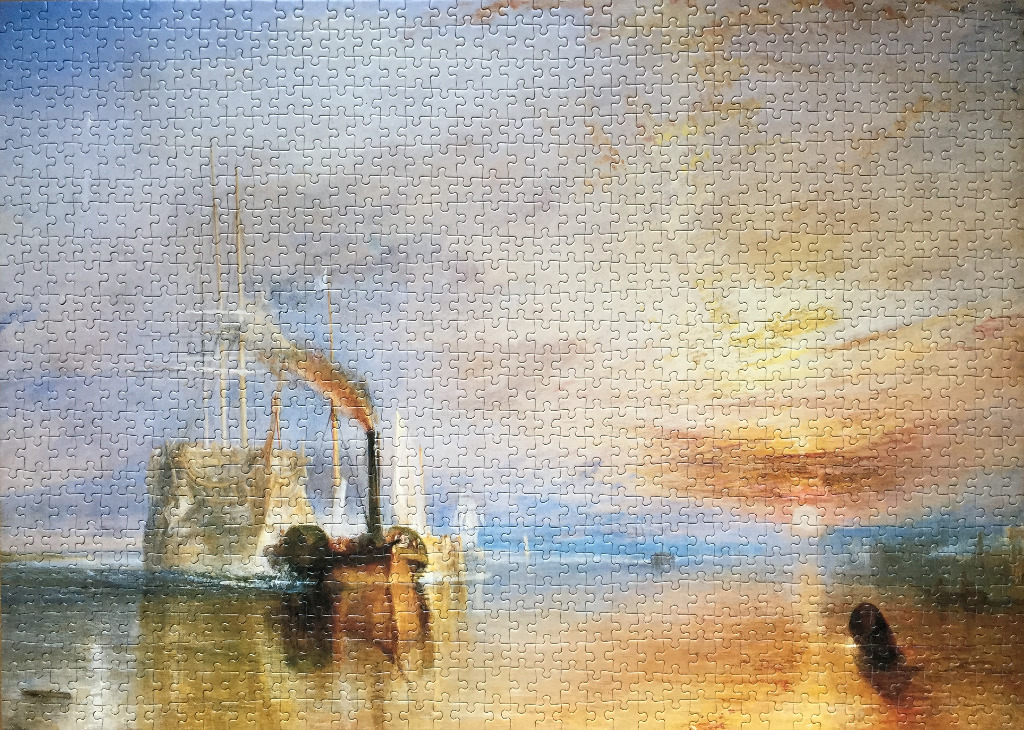 An oil painting of a steam tugboat towing an old warship towards the sunset on a calm sea.