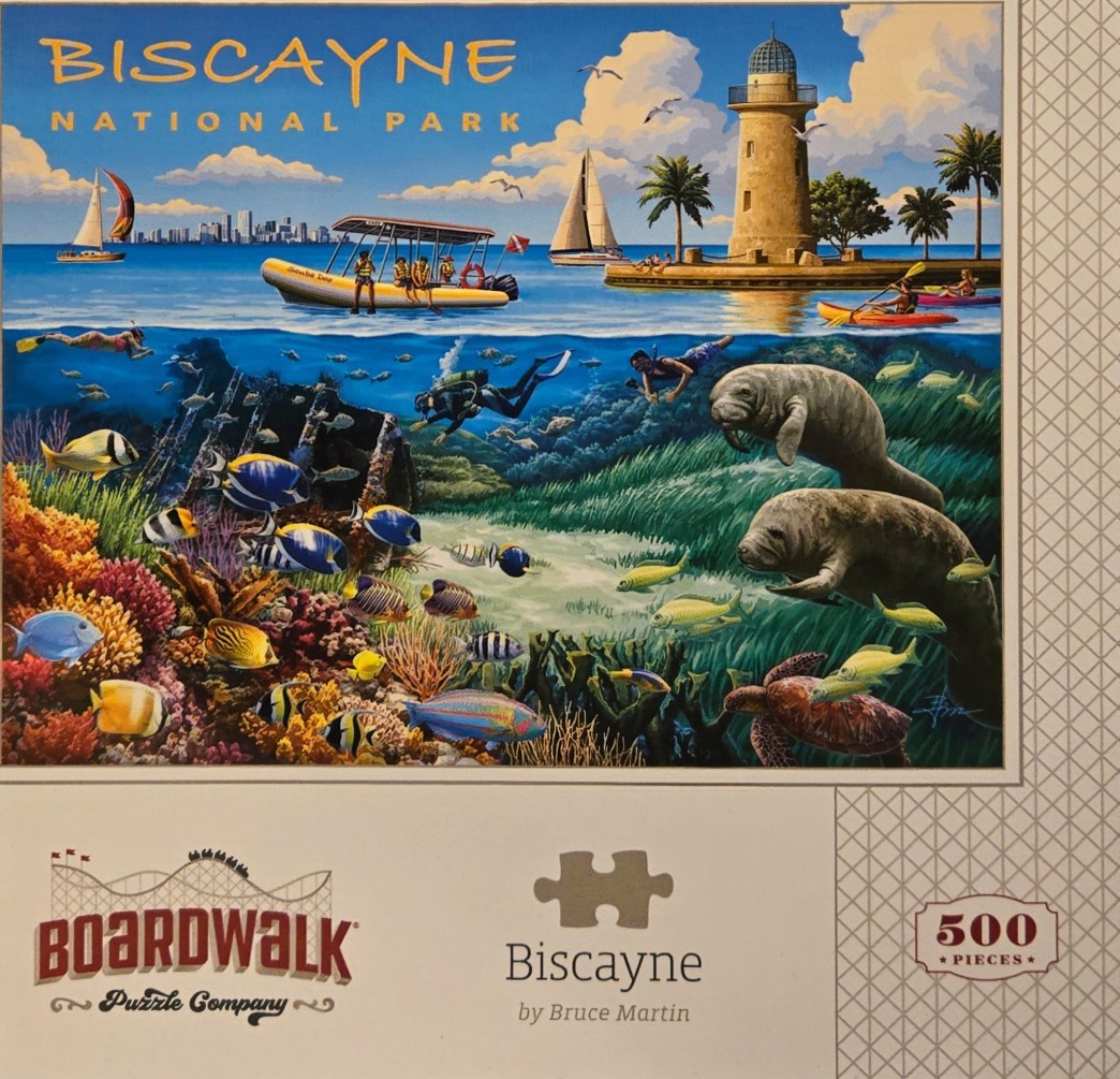 An illustration of Biscayne National Park showing a split view of a sunny horizon and a vibrant underwater coral reef.
