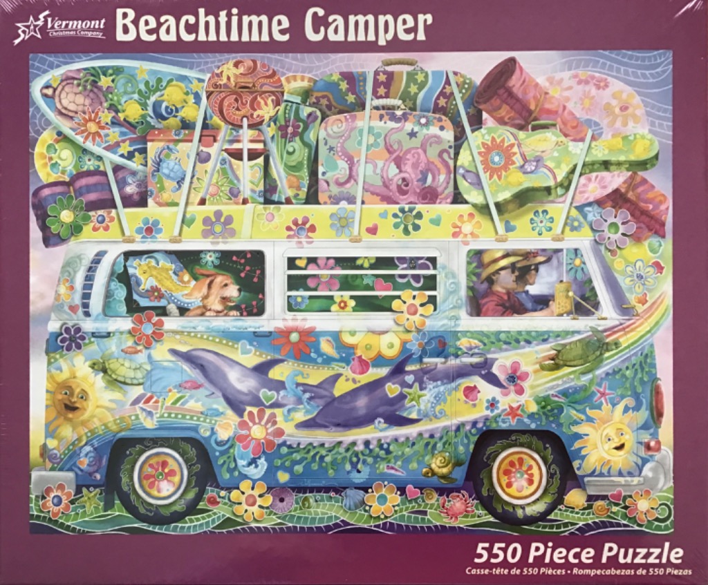 A whimsical illustration of a colorful retro camper van covered in beach-themed art, flowers, and travel accessories.
