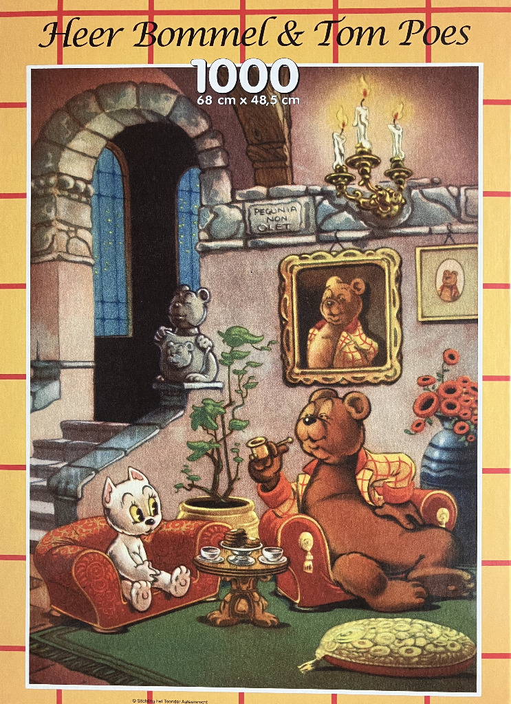 Illustration of an anthropomorphic bear and cat sitting in a cozy, vintage study.