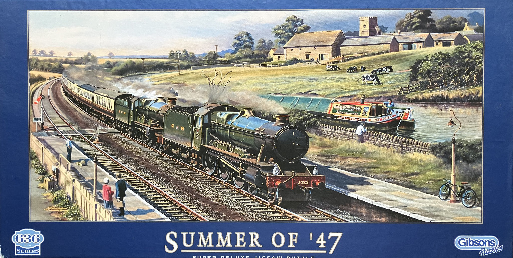 A vintage steam locomotive pulling passenger cars through a rural countryside landscape alongside a canal boat.