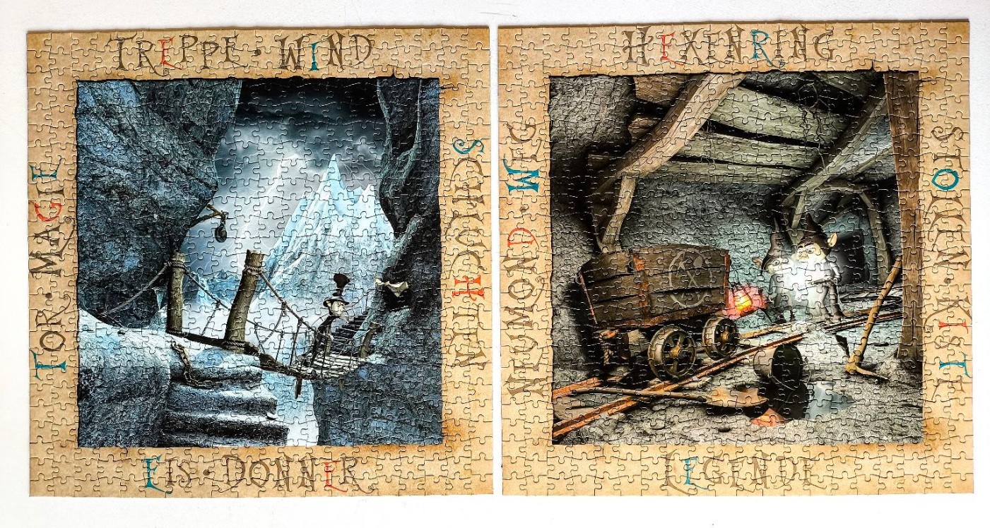 Two fantasy scenes of a cartoonish character in a mountain cave and a mine, framed by parchment-style borders.