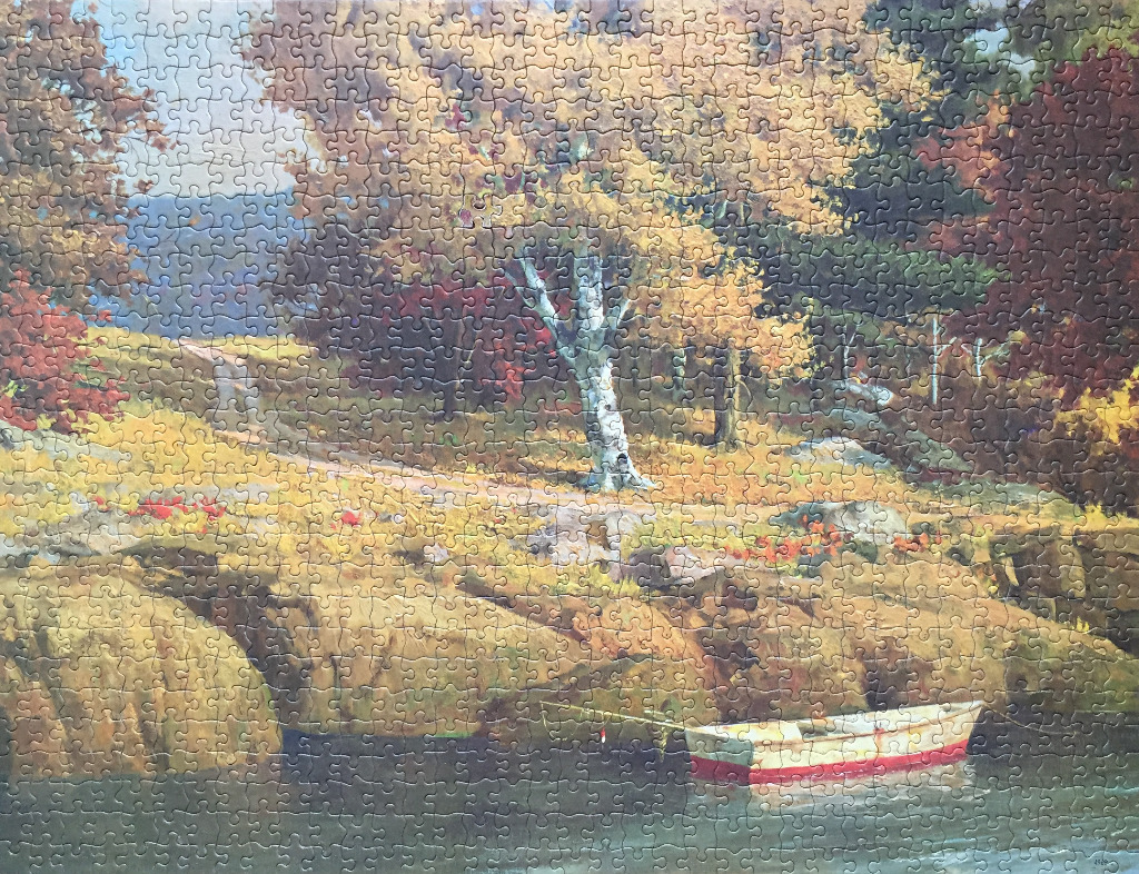 Oil painting of a white birch tree in an autumn forest landscape with a small boat moored by a rocky shoreline