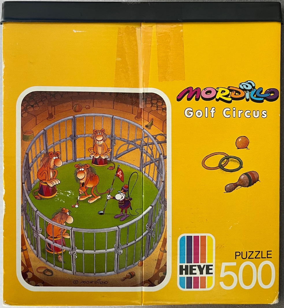 Cartoon illustration of a lion circus act performing golf inside a caged ring.