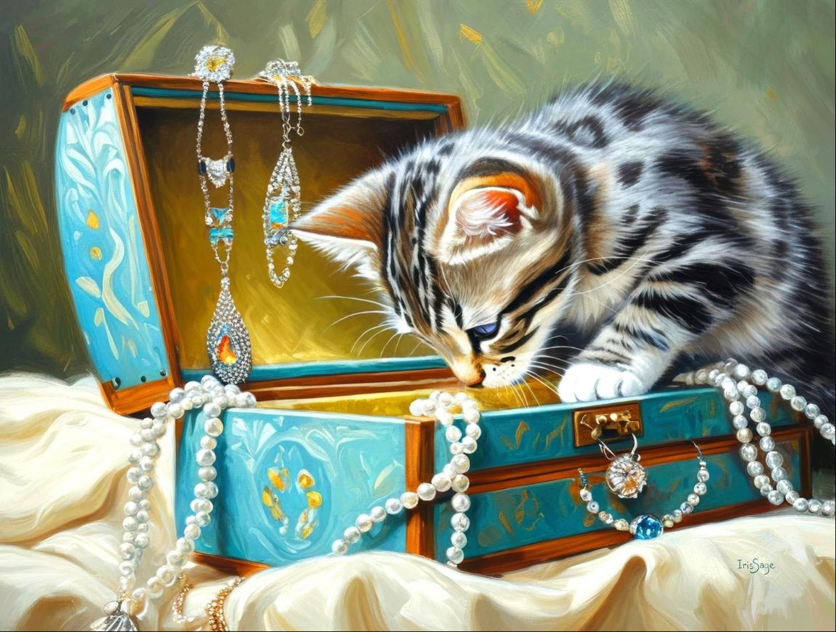 A fluffy tabby kitten looking curiously into an ornate, open teal jewelry box overflowing with pearls and gems.