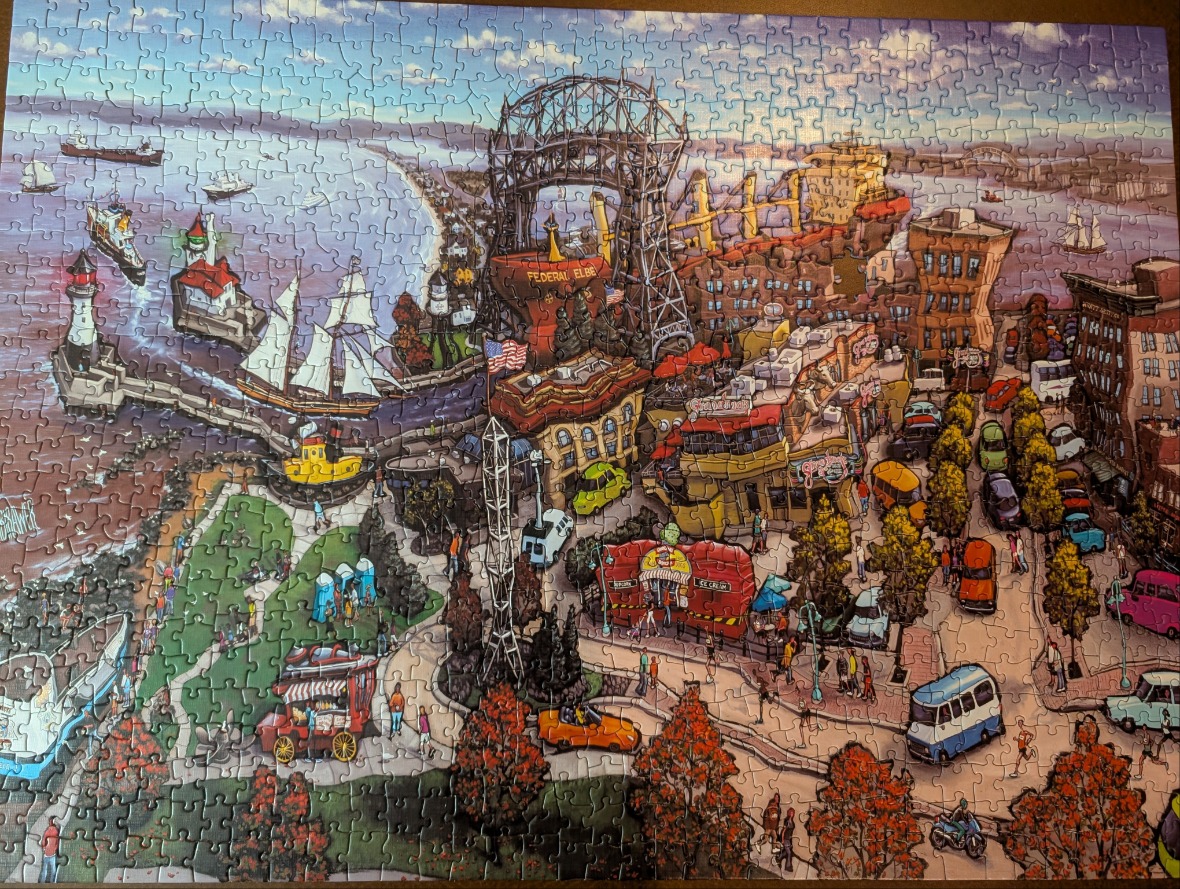 A whimsical, cartoon-style illustration of Duluth, Minnesota, featuring the Aerial Lift Bridge and harbor area.