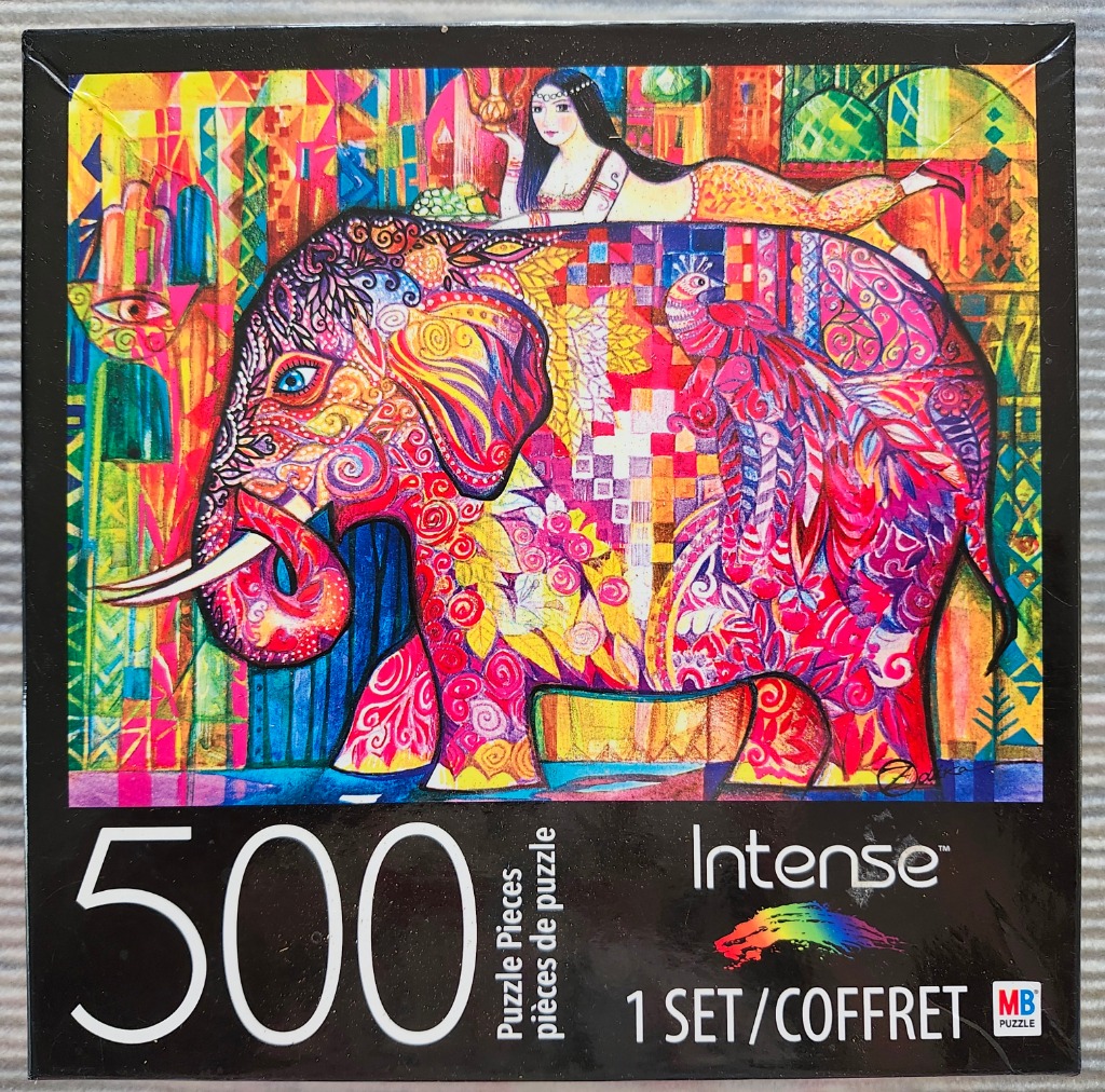An elephant and a woman in a richly patterned, brightly colored illustration.