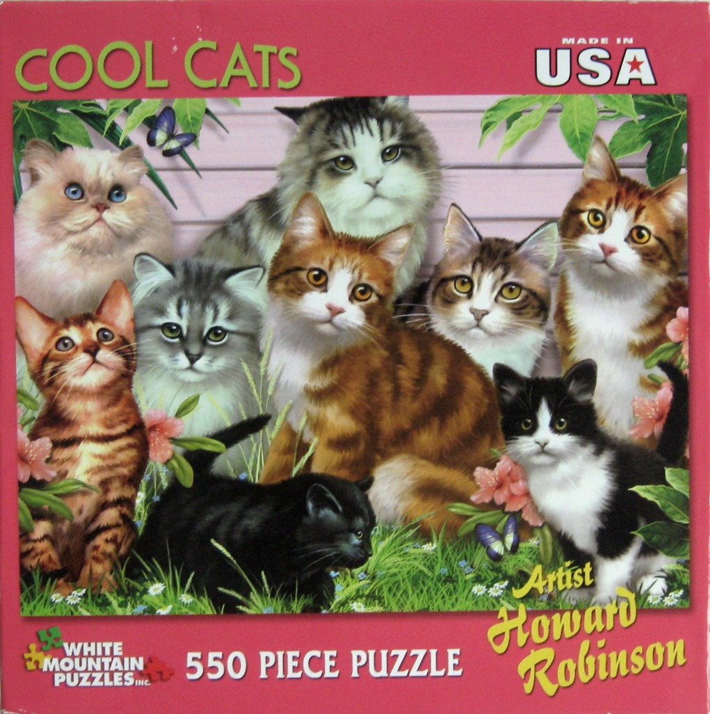 A whimsical illustration of eight diverse cats sitting together in a grassy garden setting.