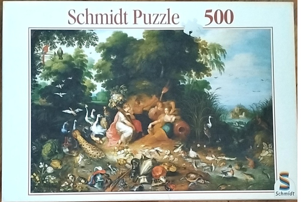 Classical oil painting featuring an allegory of the senses surrounded by exotic birds, fish, and various artifacts.