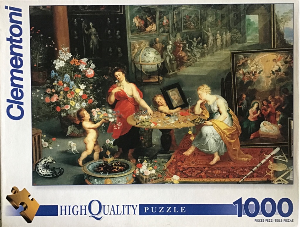 An oil painting style gallery interior showing a woman and a cherub among flowers, statues, and various art objects.