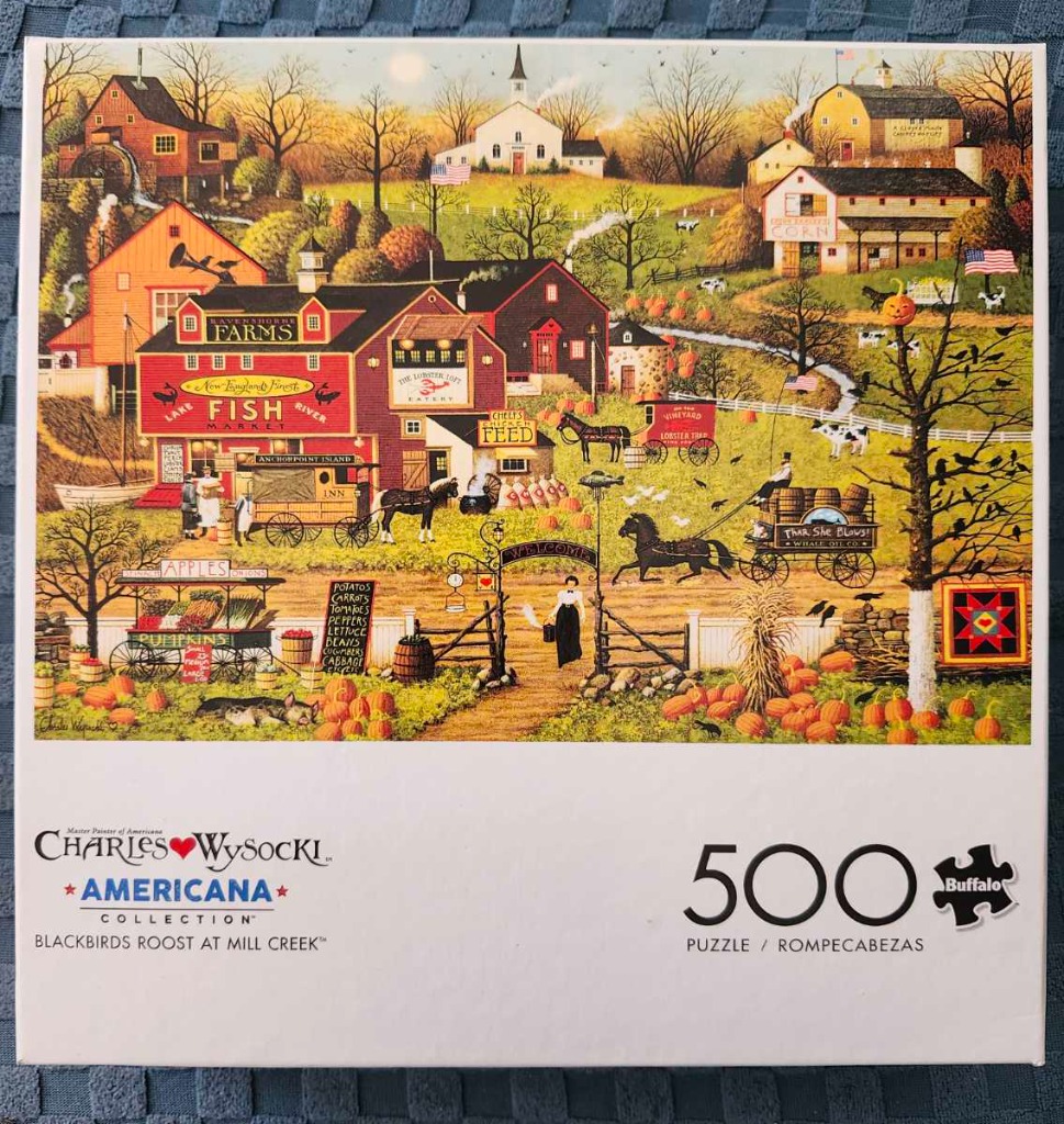 Folk art illustration of a bustling autumn farm market scene with red buildings, pumpkins, and horse-drawn carriages.
