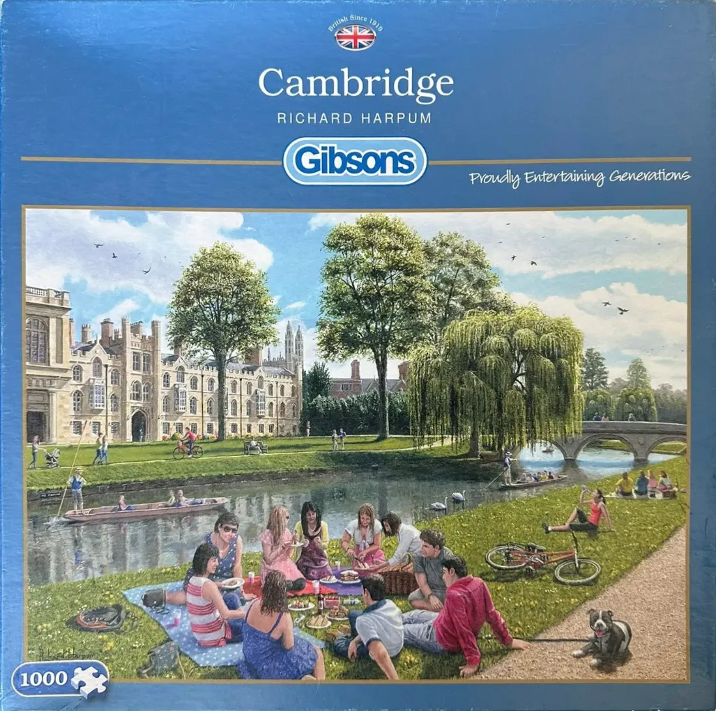 Painting of people picnicking by the River Cam in Cambridge with historical stone buildings in the background.