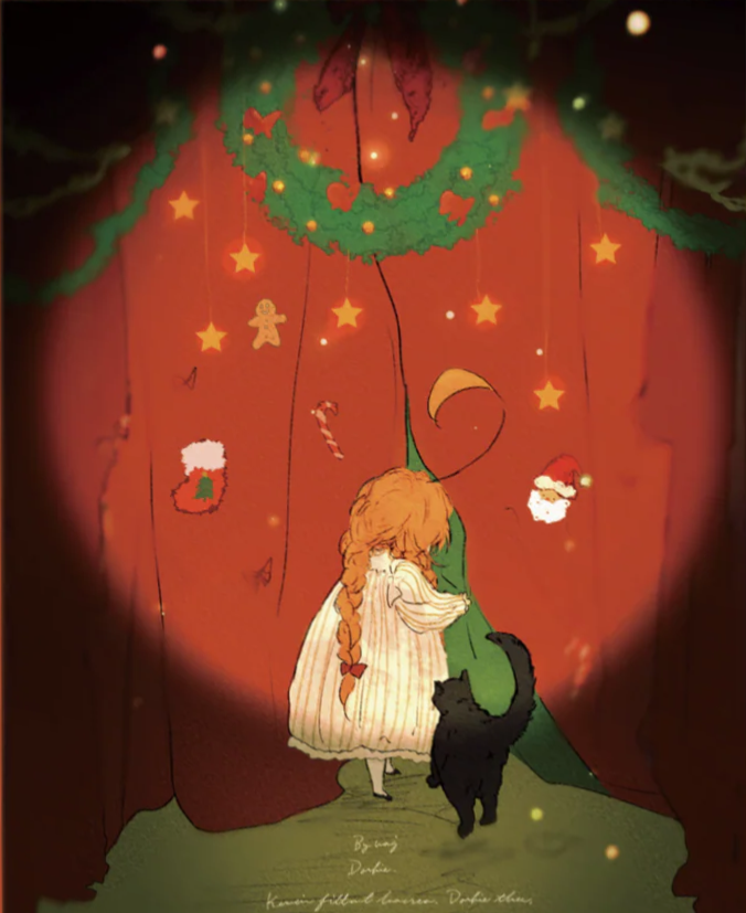 A young girl with a long braid and a black cat standing before a large red curtain decorated for Christmas.