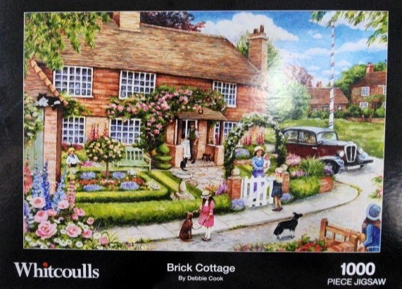 An idyllic illustration of a red brick cottage with a flower-filled garden, a vintage car, and people in 1950s attire.
