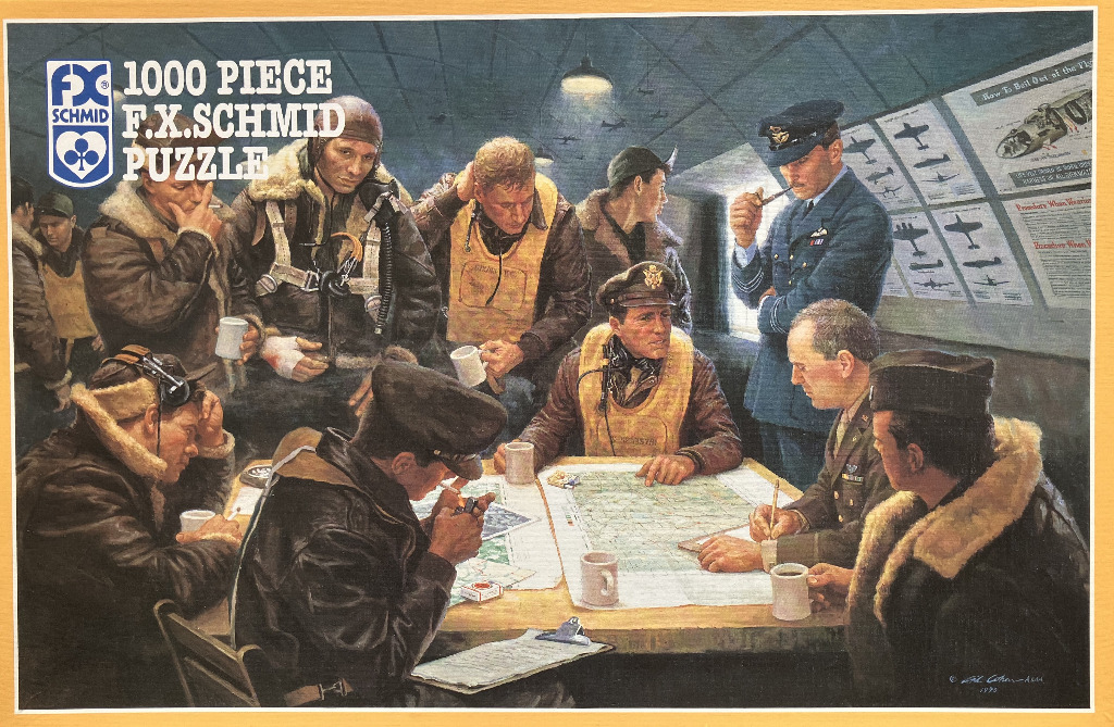 World War II airmen gathered in a military briefing room, studying maps around a wooden table.