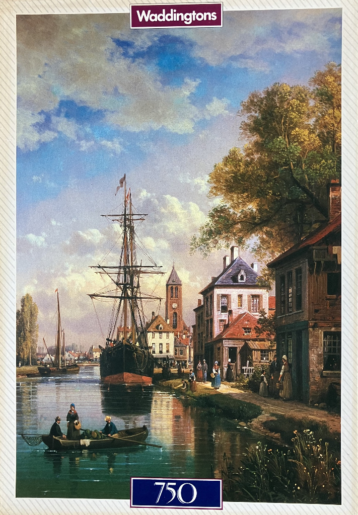 Oil painting of a harbor scene with a moored sailing ship, a canal, and townspeople on the bank.