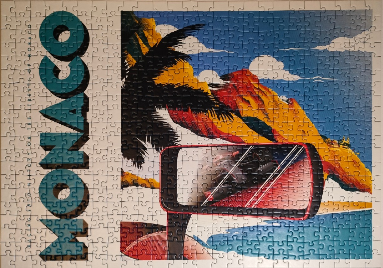 Vintage-style illustration of a race car side mirror reflecting a car on the Monaco coastline.