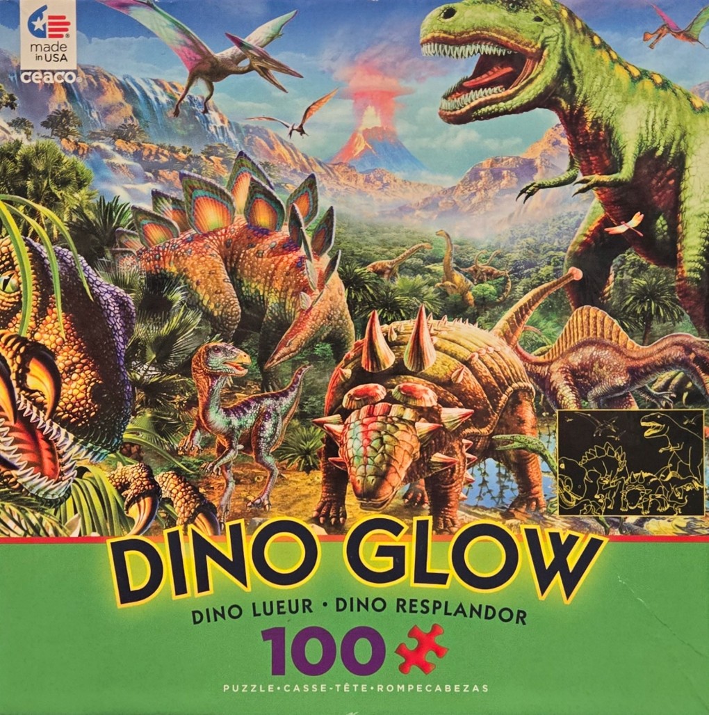 Prehistoric dinosaur scene with a volcano, tropical foliage, and various species including a T-Rex and Stegosaurus.