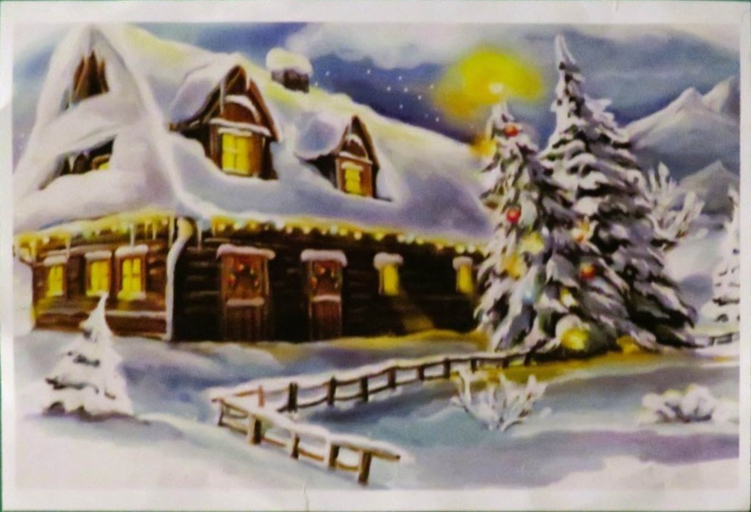 A snow-covered cabin at night with a decorated Christmas tree and glowing yellow windows.
