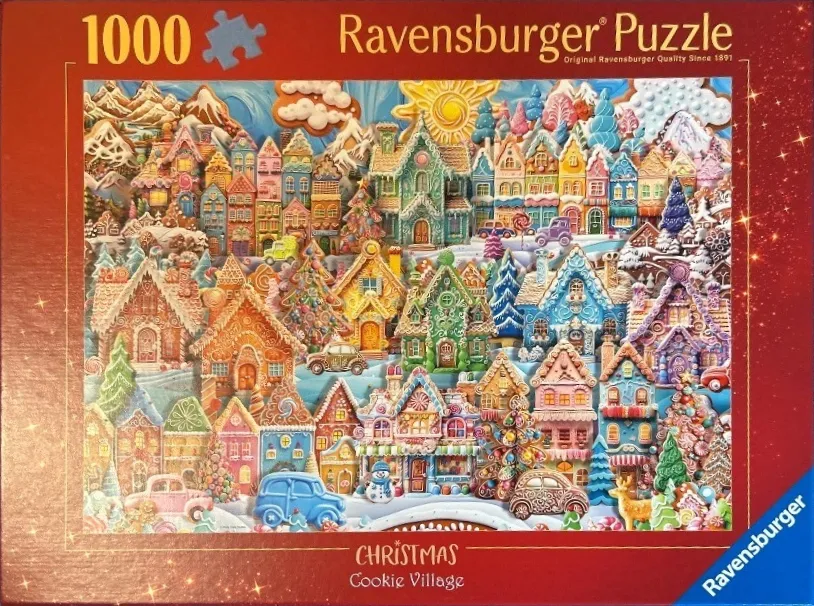 A whimsical illustration of a dense village made entirely of gingerbread, candy, and icing.