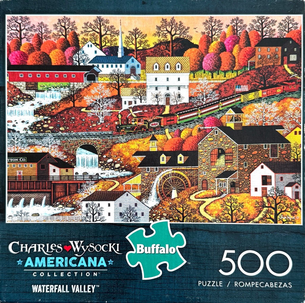 A folk art landscape of a valley featuring a steam train, a watermill, and autumn trees.