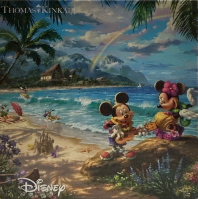 Mickey and Minnie Mouse playing music on a tropical beach with mountains and a rainbow in the background.