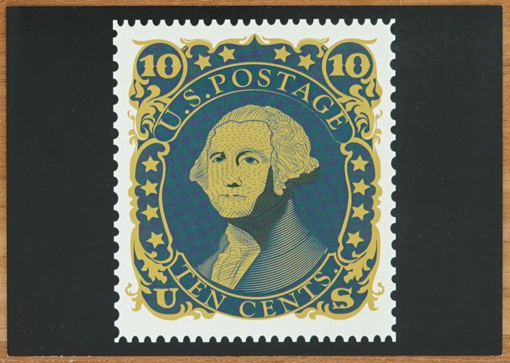 A close-up illustration of a 10-cent US postage stamp featuring George Washington against a black background.