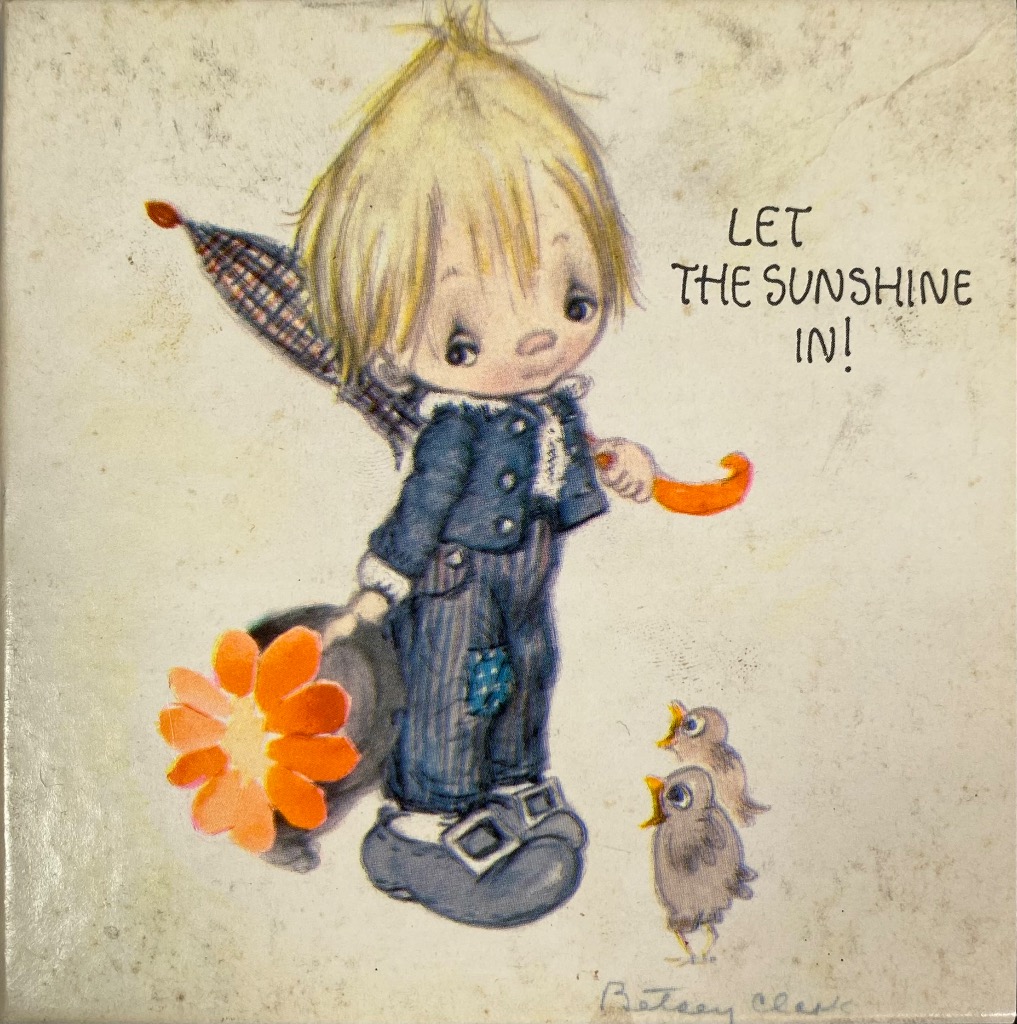 A whimsical illustration of a blonde child with a closed umbrella, an orange flower, and two small birds.