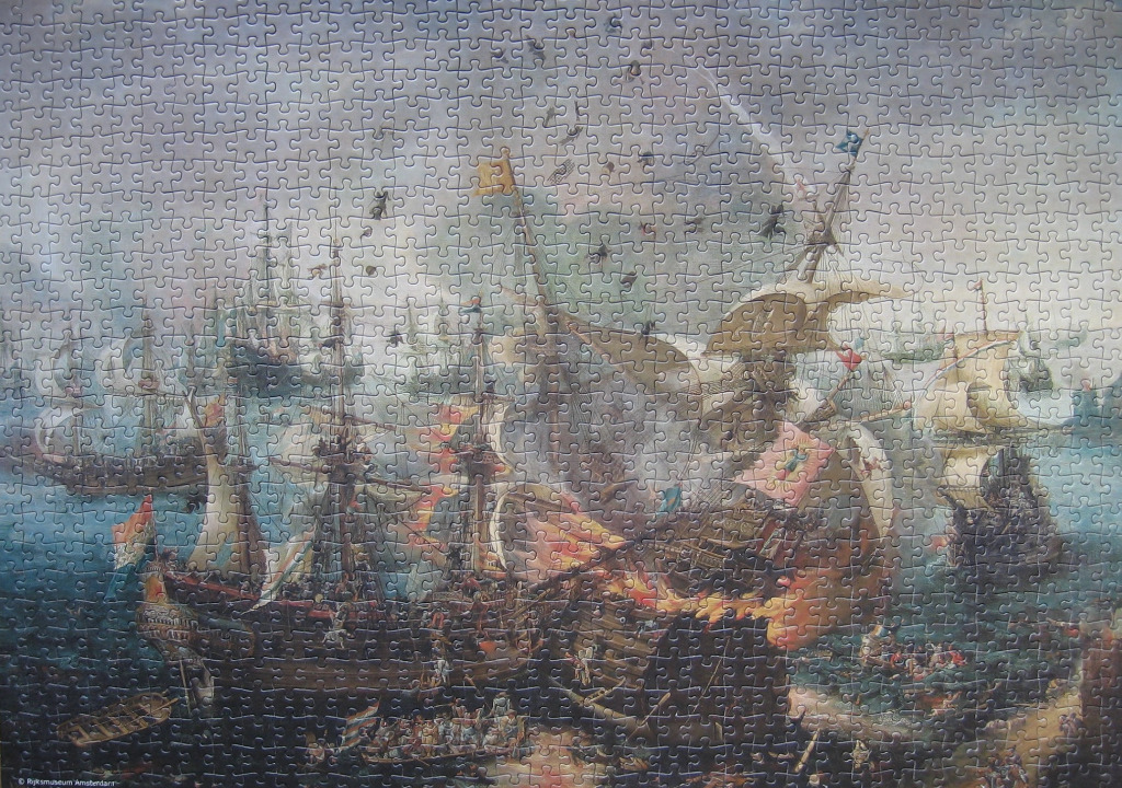 A 17th-century style oil painting of a fierce naval battle featuring multiple tall ships, smoke, and explosions.