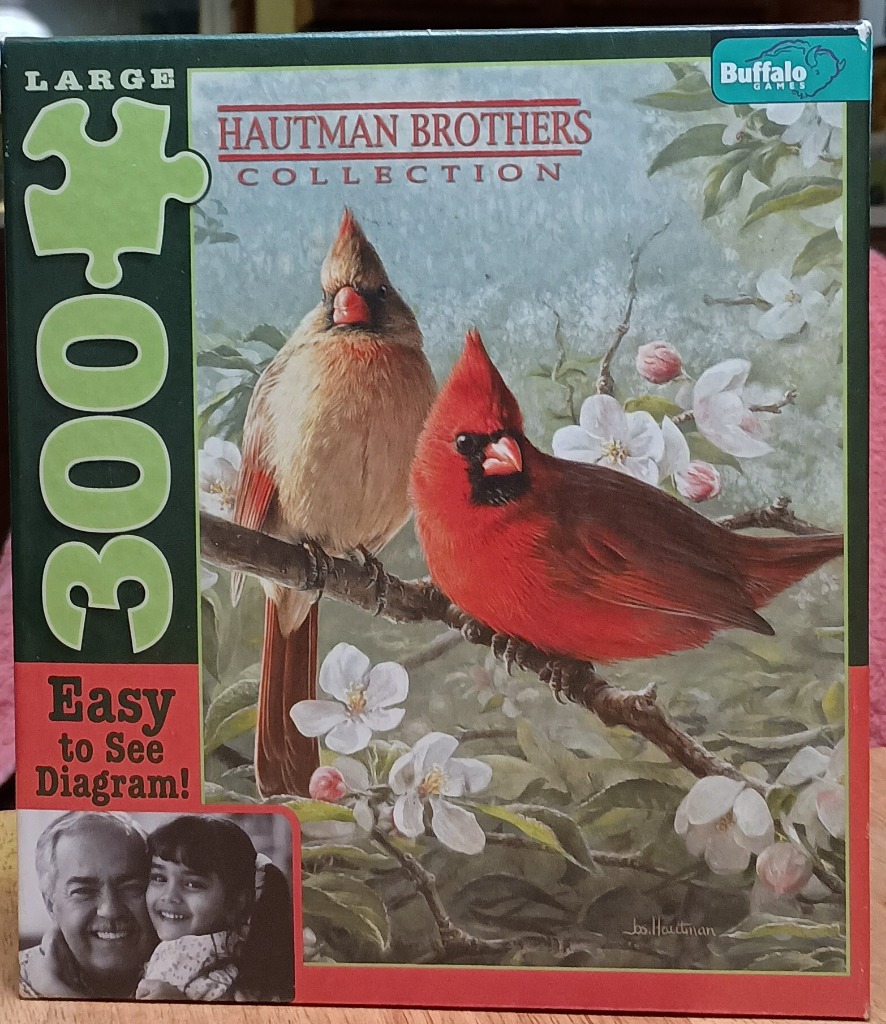 A male and female cardinal perched on a flowering branch.