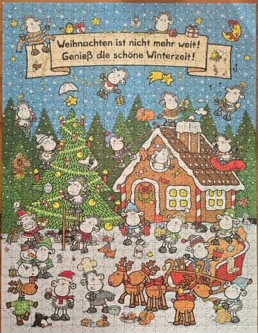 Cute sheep characters celebrating Christmas in a snowy scene with a gingerbread house and decorated tree.