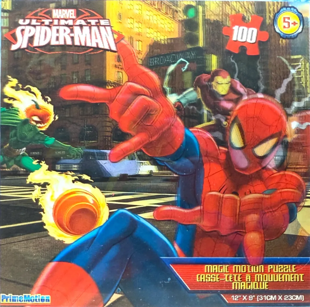 Spider-Man, Iron Man, and Green Goblin in a dynamic city street battle.