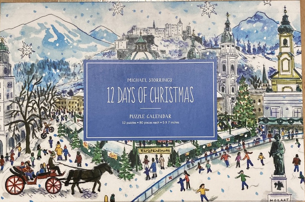Watercolor illustration of a snowy city square with a horse-drawn carriage, market stalls, and mountain backdrop.