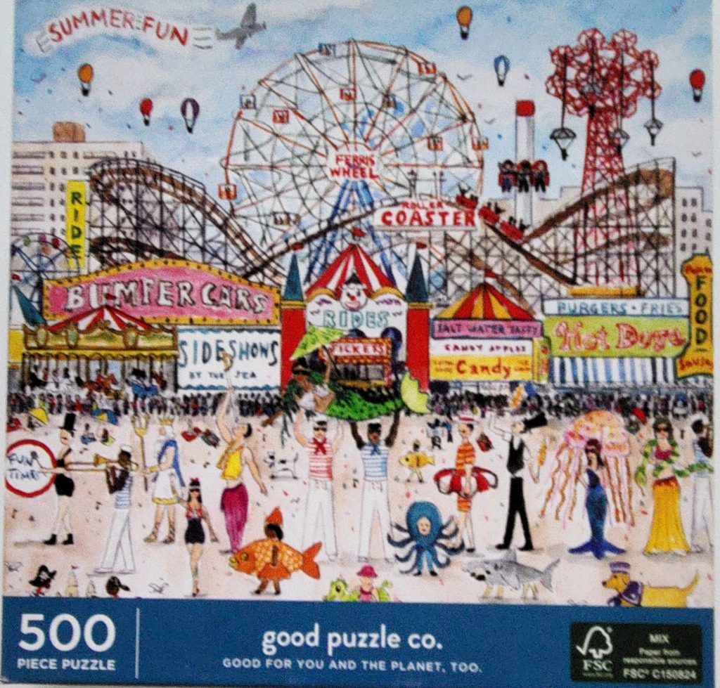 Illustrated boardwalk amusement park with a Ferris wheel, roller coaster, and colorful crowd in costumes.