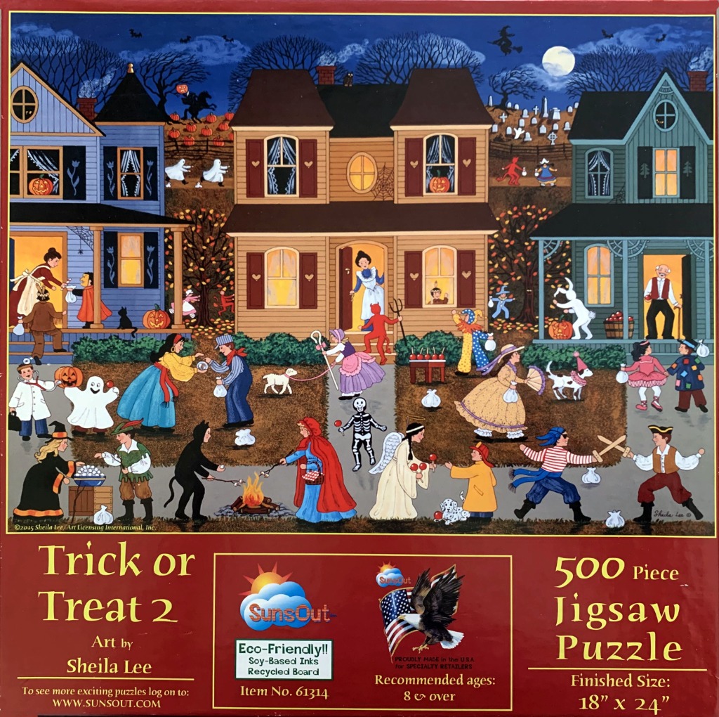 A whimsical illustration of a Halloween trick-or-treating scene in a neighborhood with three houses.
