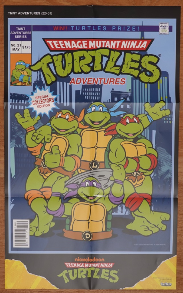 Four Teenage Mutant Ninja Turtles posing in front of a city skyline, styled as a vintage comic book cover.