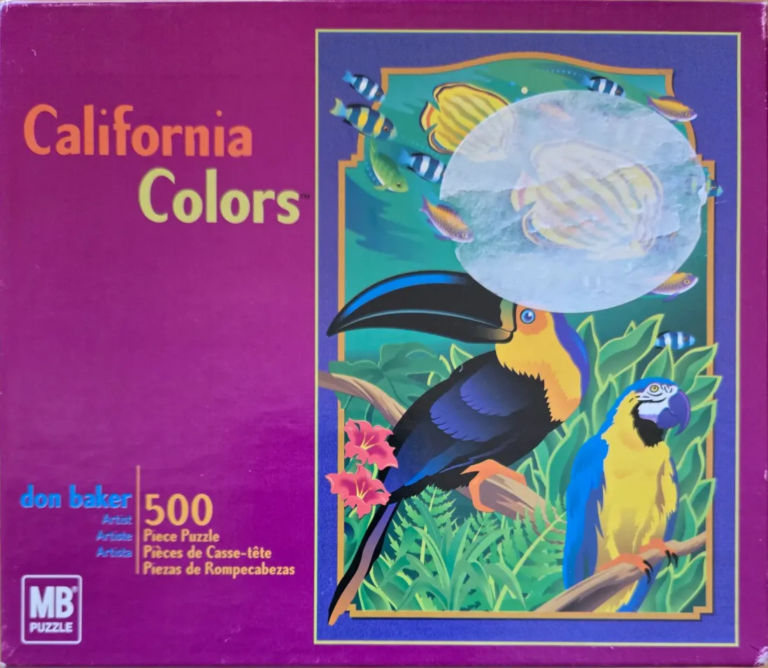 A toucan and a blue-and-yellow macaw perched in a tropical rainforest setting with a stylized bubble containing fish.